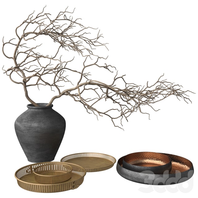 Rustic Set - Vase, Branch, Copper Bowl and Brass Tray