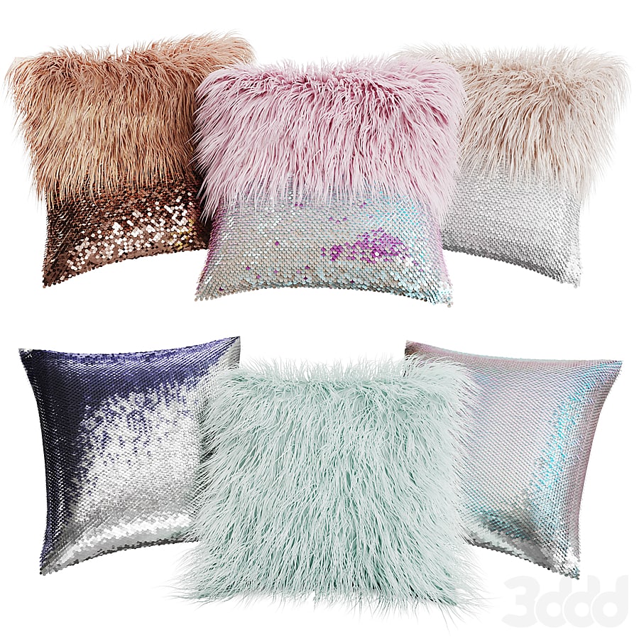 Set of decorative pillows with fur and sequins