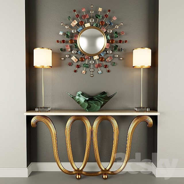 Wall console, mirror, table lamp and vase